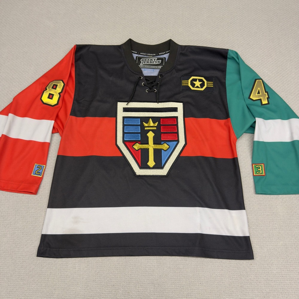 Geeky Jerseys Voltron 84 Hockey Shirt Black Red Green Mens XL Embroidered Patch